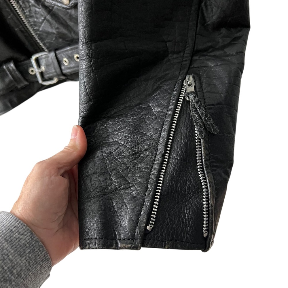 Mens Black Full Grain Leather Motorcycle Jacket Lace Up Sides Belt Size L - Picture 4 of 8